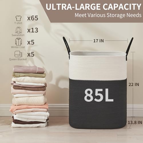 AINUOQI Laundry Basket with Handles - Blanket Basket & Hampers for Bedroom Aesthetic, Laundry Hamper & Blanket Storage for Living Room, Clothes Hamper, Tall, Large 17" x 14" x 25”, White & Black - color: White & Black, size: 85L