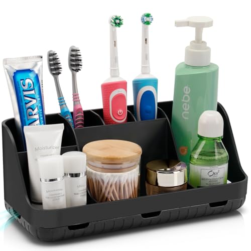 GFWARE Black Toothbrush Holder - 7 Slots Bathroom Organizer Countertop with Drainage Matte Black Electric Toothbrush and Toothpaste Holder for Bathroom Accessories Organization Vanity Sink Storage - color: Black