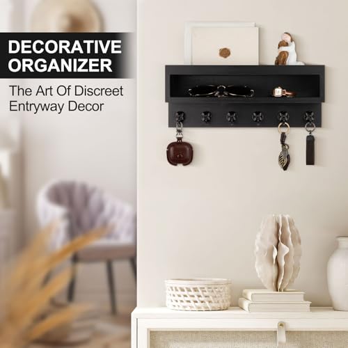 Key and Mail Holder Wall Mount, Key Hanger with Long Storage Box and 6 Hooks for Coat, Dog Leash, Home Decor Rack, House Accessories, Entry Way Organizer (Black) - color: Black