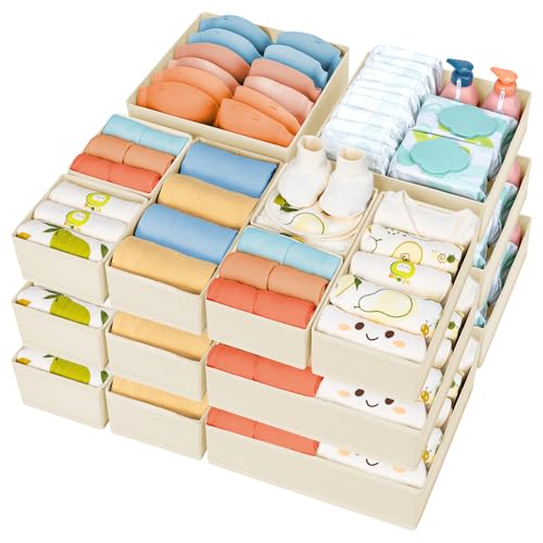 DIMJ Drawer Organizer Clothes 18 Pack - Foldable Baby Organizers and Storage & Dresser Organizer for Bedroom, Closet - Nursery Organization Dresser Dividers for underwear, Sock,Bra, Belt, Tie, Beige - color: Beige, size: 18 Pack