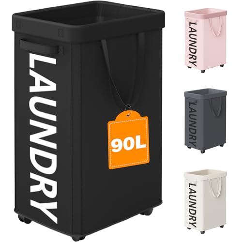 Optish Laundry Basket with Wheels, 90L Rolling Laundry Hamper with Wheels, Large Clothes Hamper on Wheel with Removable Mesh Bag for Bedroom, Dorm Room Essentials, Black - color: Black