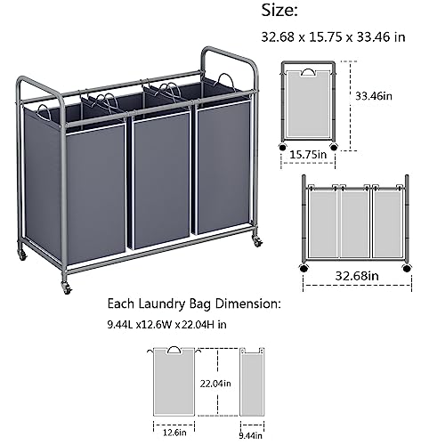 LINZINAR 3-Bag Laundry Sorter,Laundry Hamper Cart with Heavy Duty Rolling Lockable Wheels and Removable Bags (Grey) - size: 3 Bags Grey