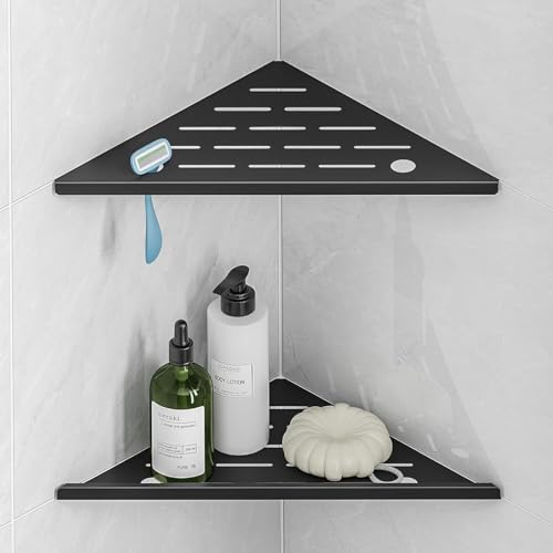 Corner Shower Shelves with Razor Hole, Modern Sturdy Shower Caddy, 10" 304 Stainless Steel Shower Organizers Bathroom Shelf for Tile Wall, No Drilling Grout Mount Shelf for Shower,Bathroom Accessories - color: Black
