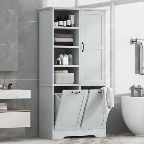 Virubi Tall Laundry Cabinet with 2 Tilt Out Laundry Hampers, Wood Bathroom Storage Cabinet with Doors and Adjustable Shelves, for Bathroom Sotrage Organization, Freestanding, Grey - color: Grey, size: 31"x14"x68"