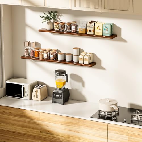 Floating Shelves for Wall Rustic Farmhouse 55 Inch Floating Shelf Bathroom Wooden Shelves for Wall Mounted Live Edge Pine Shelf with Unique Natural Grain for Living Room Bedroom Kitchen (Walnut) - color: Walnut, size: 55 inch - 1pc
