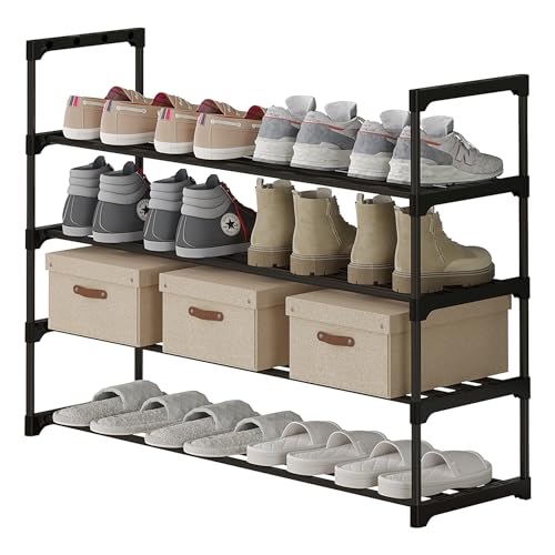 Calmootey 4-Tier Shoe Rack, Tall Large Capacity 20 Pairs Shoes Storage Organizer, Stackable Wide Shoe Shelf for Entryway, Hallway, Black - size: 4-Tier