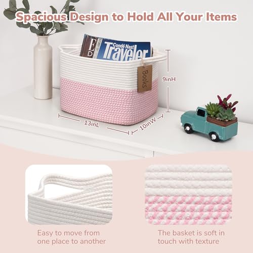Goodpick Woven Storage Basket, 13" x 10" x 9" Storage Baskets for Organizing, Rope Gift Basket with Handles, Baby Baskets Kids Toy Organizer for Living Room, Pink - color: White Pink, size: 13"L x 10"W x 9"H