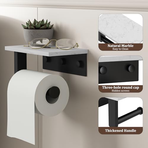 BWE Matte Black Toilet Paper Holder with Marble Shelf, Toilet Paper Roll Holder Wall Mounted, Toilet Paper Roll Holder with Phone Shelf 304 Stainless Steel Tissue Holder for Bathroom Washroom - color: Black