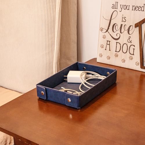 SANQIANWAN PU Leather Valet Tray Small NightStand Bedside Entry Table Trya for Phone Jewelry Glasses Keys and Coins Father's Day Birthday Gifts (Blue) - color: Blue