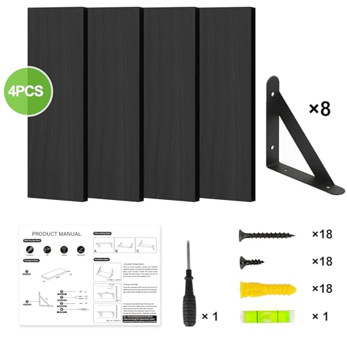 Fixwal Floating Shelves for Wall, Wood Wall Mounted Shelves for Bedroom, Bathroom, Living Room, Kitchen Storage and Decor(Black, Set of 4, 16.5 Inch) - color: Black