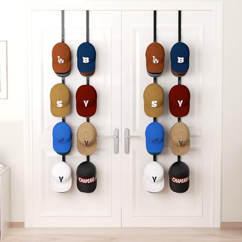 HapiRm Over Door Hat Rack - 4 Packs Metal Hanging Hat Organizer with 16 Hooks Design, Baseball Cap Hanger Organizer Storage Holds up to 80 Caps for Door, Bedroom, Closet - color: Black, size: 4 Pack