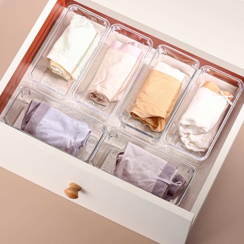 Ohlove 6Pcs Clear Plastic Drawer Organizers Tray 6" x 3" Storage Bins with 25Pcs Non-slip Pads for Makeup, Jewelries, Kitchen Utensils, Bathroom and Office - size: 6"x3"