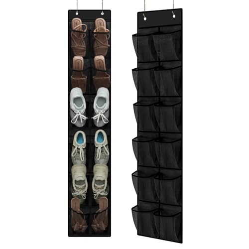 MSLOVE Narrow Over The Door Shoe Organizer, 12 Large Mesh Pockets Hanging Shoe Organizer for Closet Organizers and Storage, Black, 2 Pack - color: Black