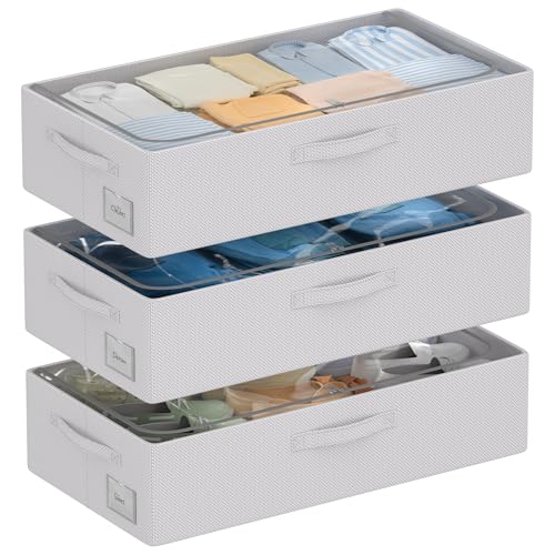 CYhom 3Pcs Under Bed Storage Bins with Metal Frame - Shoe Organizer for Closet with Clear Cover Oxford Fabric Sturdy Underbed Container Foldable Stackable Clothes Organizer (Grey, 23.5x11.8x6.3) - color: Grey, size: 23.5x11.8x6.3