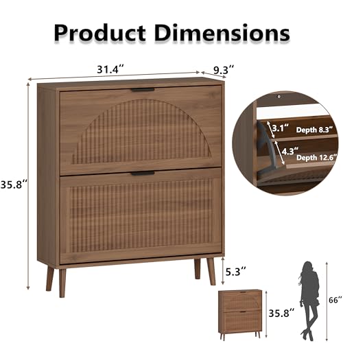 BORNOON Shoe Cabinet for Entryway with 2 Flip Drawers, Slim Wooden Shoe Storage Organizer with Modern Fluted Pannel，Freestanding Narrow Hidden Shoe Rack for Hallway, Foyer, Living Room - color: Walnut, size: 2 Flip Drawers