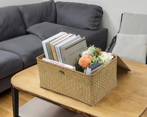 Wicker Basket with Lid, Natural Seagrass Storage Baskets for Organizing, Woven Basket for Storage, Decorative Boxes Bins with Lids Home Organizer Decor (Natural, 14.3" x 9.4" x 6.9") - size: 14.3" x 9.4" x 6.9"