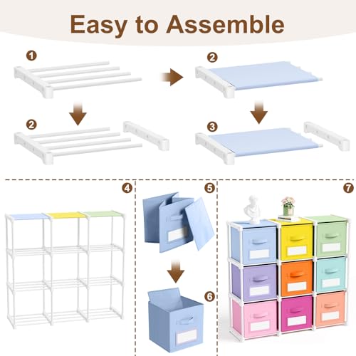 Geelin 9 Cube Toy Storage Organizer with Fabric Bins and Labels, 11 Inch Collapsible Colorful Cubby Storage Drawers Pastel Dresser with Shelf for Playroom Nursery Closet Bedroom Dorm - color: Pastel