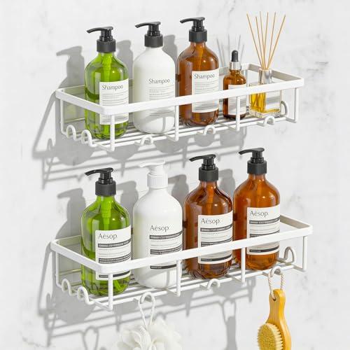 White Shower Caddy Organizer, 2 Pack Adhesive Shampoo Holder Basket Shelves for Storage and Organization, Wall Suction Bath Bathtub Rack Set for RV Camper, Bathroom Restroom Decor and Accessories - color: White, size: Large 2 Pack