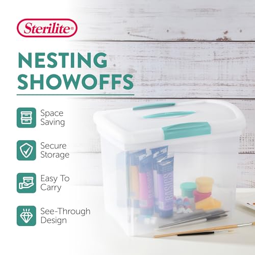 Sterilite Large Nesting ShowOffs, Stackable Small Storage Bin with Latching Lid and Handle, Plastic Container to Organize Office Files, Clear, 6-Pack - size: Large, style: 6 Pack