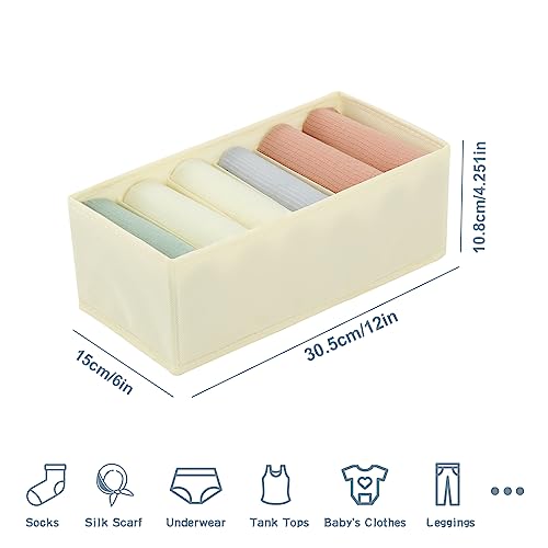 Qozary 3 Pack Sock Underwear Drawer Organizer Dividers, Non-Woven Fabric Collapsible Cabinet Closet Storage Boxes for Clothes, Socks, Lingerie, Underwear, Tie, Belt, Baby, Bedroom (Beige, 6 Cells) - color: Beige, size: 6 Cells
