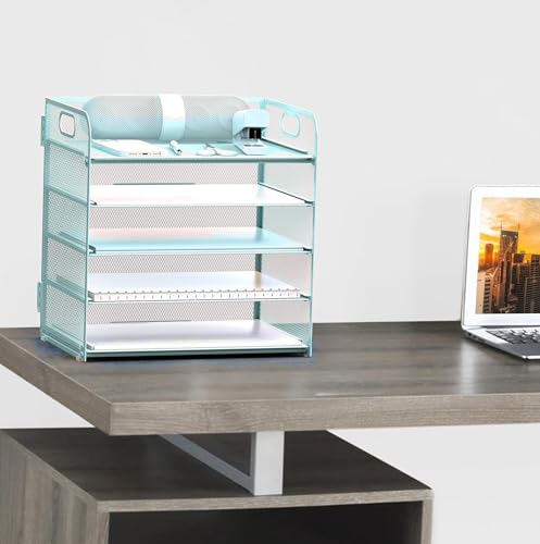 Letter Tray Paper Organizer 5-Tier Desk Organizer File Organizer Paper Holder with Handle, Metal Desktop Document Shelf Tray Office Classroom Organization - Blue - color: Blue