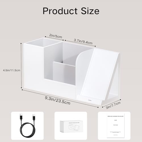Multi-Functional Pencil Holder for Desk, Desk Organizers and Accessories with 4 Compartments for Office Art Supplies,Desk Phone Stand Charger for Desktop/Counter,Wihte Office Storage for Pens, Keys - color: White, size: L