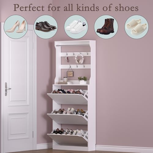 BORNOON Shoe Cabinet with 3 Flip Drawers & Coat Rack, Narrow Hidden Shoe Storage Cabinet, 2-in-1 Hall Tree Slim Freestanding Shoe Rack Organizer for Entryway, Hallway, and Living Room - color: White, size: 3-Drawer with Rack