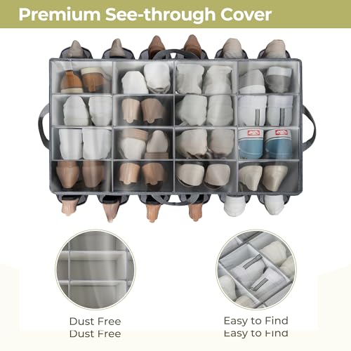 Shoe Organizer for Closet, Shoe Storage Solution with Clear Cover & Adjustable Dividers, Fabric Shoe Box Fits 16 +12 Pairs Shoes, Grey, 1-Pack - color: Grey, size: 1 Pack Large