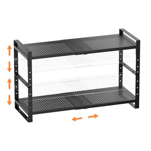 Multi-Functional Metal Shoe Rack,Expandable Adjustable Stackable Kitchen Organizer,Metal Shelf risers for cabinets, Kitchens and Closet, Bathroom(2Packs/Black/Large) - color: Black, size: 2 PACKS/BLACK/LARGE