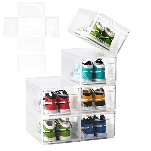 Large Shoe Boxes Clear Plastic Stackable，Drop Front Shoe Box with Clear Door, Shoe Containers For Sneaker Display,Fit up to US Size12 (white clear-Conjoined structure, 6 pack) - color: white clear-Conjoined structure, size: 6 pack