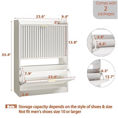 White Fluted Shoe Cabinet with 2 Flip Drawers, Narrow Shoe Storage Cabinet for Entryway, Freestanding Shoes Rack Organizer Cabinets with Adjustable Shelves for Entryway, Hallway - color: White, size: 2-Drawers