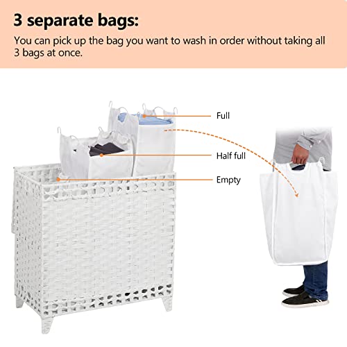 Laundry Hamper with 3 Removable Liner Bags; 132L Handwoven Rattan Laundry Basket with Lid & Heightened Feet; Clothes Hamper with Side Handles; Laundry Sorter with 3 Separate Sections - color: White, size: 132L-3 Section