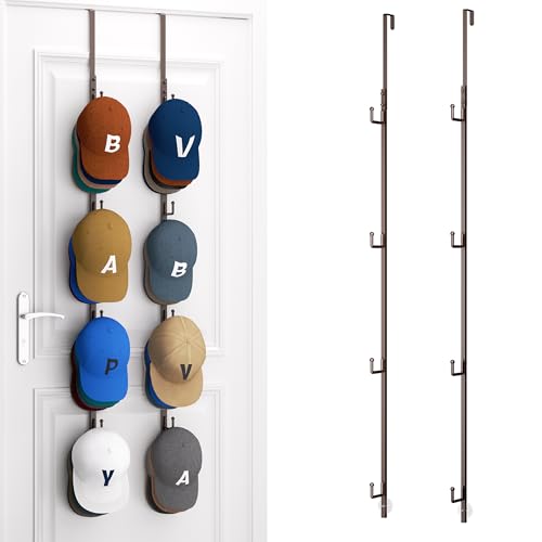 HapiRm Over Door Hat Rack - 2 Packs Hat Organizer with 8 Hooks Design, Hanging Baseball Cap Organizer Storage Holds Up to 40 Caps for Door, Bedroom, Closet (Brown) - color: Brown, size: 2 Pack