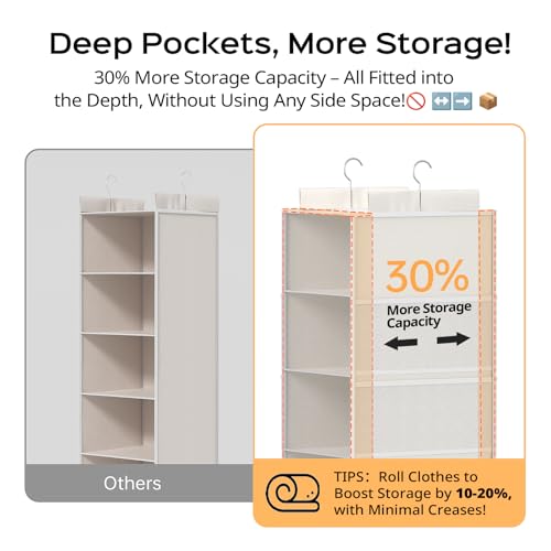 ALLTIDYUP Extra Deep Hanging Closet Organizers and Storage, 5-Tier Closet Hanging Organizer with 4 Mesh Pockets, Heavy-Duty Closet Shelves for Clothes and Hats, Ideal for Dorms and RVs, 1-Pack, White - color: White, size: 5 Tier