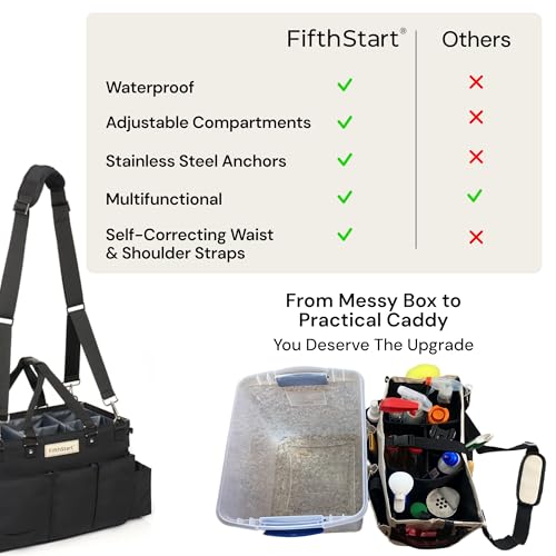 FifthStart Multiuse Cleaning Caddy with Waist & Shoulder Strap - Diaper Caddy & Beach Bag - 9 Pockets & Mesh Base - Adjustable Compartments (Black, Small) - Cleaning Supplies Organizer Bag - color: Black, size: Small