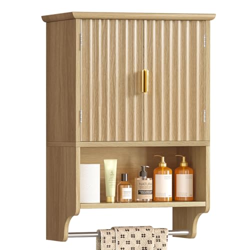 TEENFON Fluted Bathroom Wall Cabinet with Adjustable Shelves and Towel Rack, Wall Mounted Over The Toilet Storage Organizer for Bathroom, Living Room, Natural - color: Natural-22"h