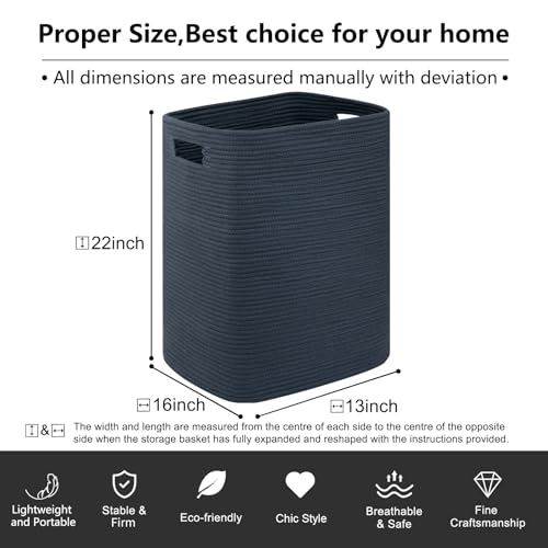 OIAHOMY Laundry Hamper, Laundry Basket，Rectangle Cotton Large Blanket Storage Basket for Living room,Bedroom Woven Decorative Storage for Toys,Clothes,Pillows-16x13x22in-Blue - color: Blue