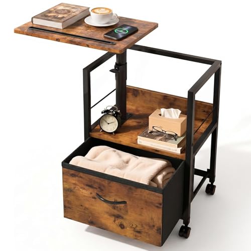 Faesun Swivel Lift Top Nightstand, Rolling Side Table for Recliner, Bedside Table with Wheels & a Fabric Drawer, for Small Spaces, for Bedroom, Living Room, Brown - color: Brown, size: 1 Drawer (No Charger)