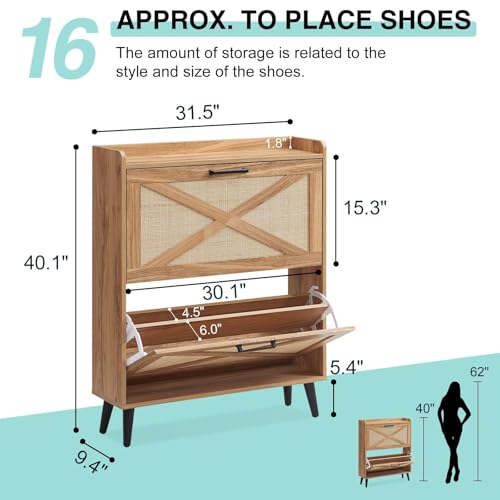 Barnyatoh Shoe Storage Cabinet, Boho Shoe Organizer with 2 Flip Drawers & Rattan Design,Farmhouse Freestanding Hidden Slim Narrow Shoe Rack Cabinet for Entryway, Foyer,Hallway, Natural - color: Natural, size: 2-Drawers