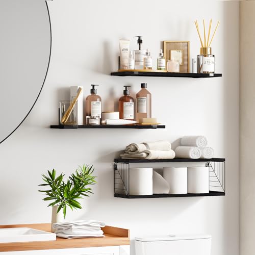 Fixwal 3+1 Tier Bathroom Floating Shelves Over Toilet, 15.8in Farmhouse Rustic Wood Shelves, Wall Decor for Bathroom, Living Room,Bedroom and Kitchen (Black) - color: Black