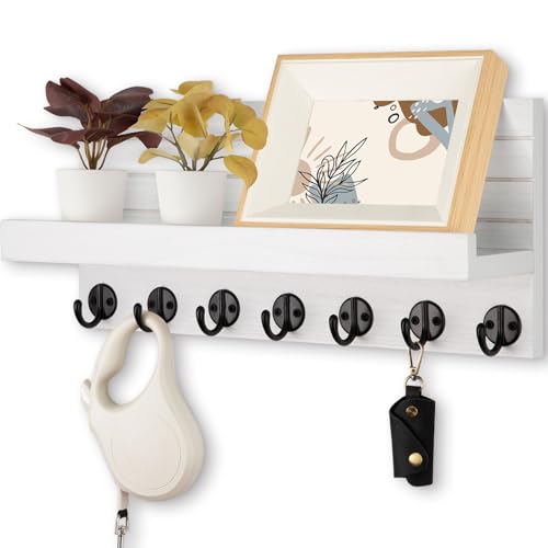 Lwenki Key Holder Wall Mount, Entryway Key and Mail Holder with 7 Sturdy Hooks for Sunglasses, Dog Leash, Decorative Wall Shelf with Mounting Hardware, 15”W x 6.7”H x 4.2”D (White) - color: White