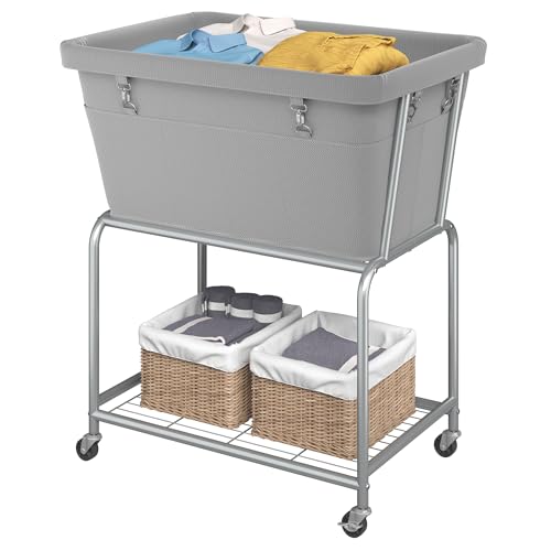 ELYKEN Rolling Laundry Hamper with Wheels, 32-Gallon (122L) Laundry Cart with Removable Bag, 2-Tier Clothes Basket Hamper with Shelf for Closet, Bedroom, Bathroom, Laundry Room, Gray - color: Gray, size: 27.4"L x 19.9"W x 30.9"H