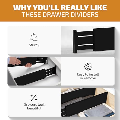 6-Pack Drawer Dividers 6 Inch High, 11”-17" Adjustable Bamboo Organizers Large Expandable Drawer Separators for Cloths, Dresser, Bedroom, Bathroom, Baby Drawer, Office & Kitchen Utensils (Black) - color: Black, size: 6-Inch High