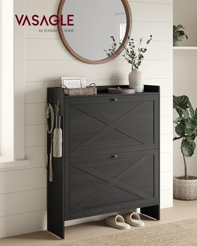VASAGLE Shoe Storage Cabinet Organizer with 2 Flip Drawers, Freestanding Narrow Shoe Rack Cabinet for Entryway, Farmhouse Style, Fits 14 to 16 Pairs, Smoky Black UHSC203BJ01S - color: Smoky Black