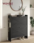 VASAGLE Shoe Storage Cabinet Organizer with 2 Flip Drawers, Freestanding Narrow Shoe Rack Cabinet for Entryway, Farmhouse Style, Fits 14 to 16 Pairs, Smoky Black UHSC203BJ01S - color: Smoky Black