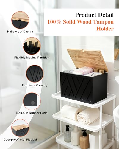 Tampon Holder for Bathroom Decor Feminine Product Organizer With Lid Shark Week Box Wooden Pad Girl Stuff Box (BLACK, lid) (1, BLACK) - color: Black