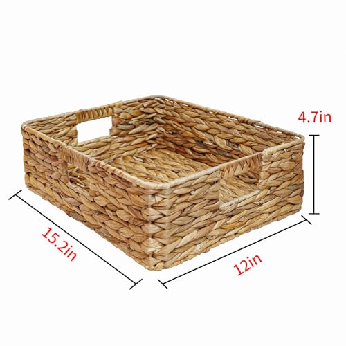 Rectangular Water Hyacinth Storage Baskets, Wicker Storage Baskets for Shelves, Square Shallow Basket, Woven Drawer Basket With Handle, 15.2” L x 12” W x 4.7” H - size: large - 15.2 in ×12 in × 4.7 in