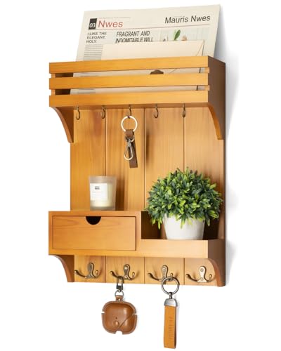 Rebee Vision Farmhouse Key Holder Wall Mount with Mini Drawer Organizer – Mail Organizer with 9 Key Hooks – Ideal Home Decor for Entryway, Hallway, and Bedroom (Light Brown) - color: Light Brown, style: Small Drawer
