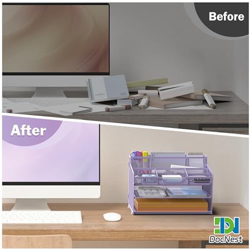 Docnest 3 Tier Mesh Desk Organizer for Paper Office Supplies – Multi-Functional Letter Tray with 5 Adjustable Compartments, 3 Pen Holders, Desktop Storage for Files, Mail, Stationery – Purple - color: Purple, size: 12.7" x 9.1" x 8.6"
