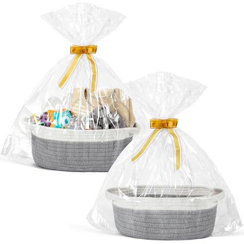2 Pack Small Woven Basket with Gift Bags and Ribbons, Empty Decorative Gift Chest Box, Cute Baby Gift Basket for Nursery, Cotton Rope Room Shelf Storage Basket with Handles, All 12"x 8"x 5", Gray - color: gray